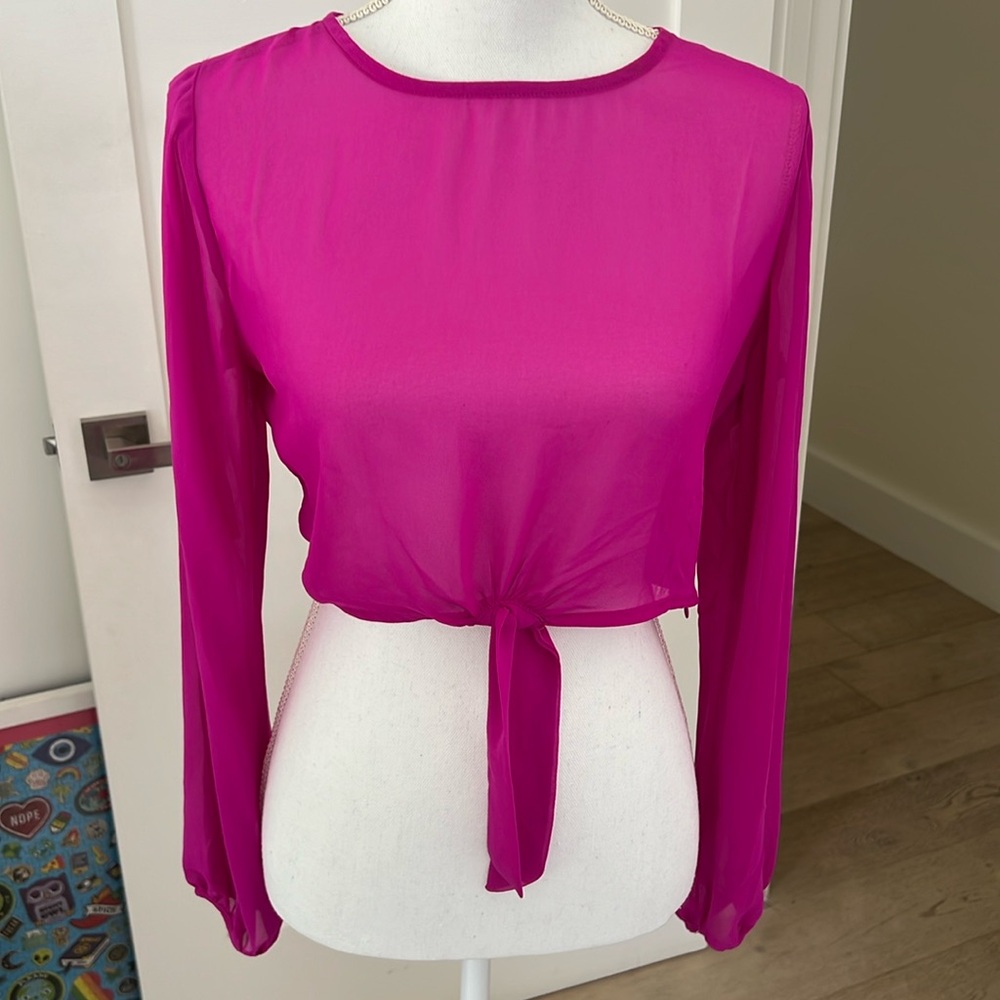 Magenta long sleeve cropped sheer blouse